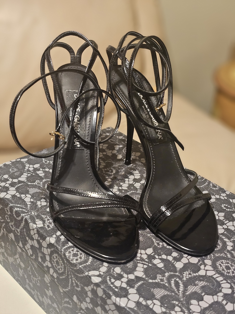 Dolce & Gabbana Black Patent Lace-Up Stiletto Heels with Gold Accent